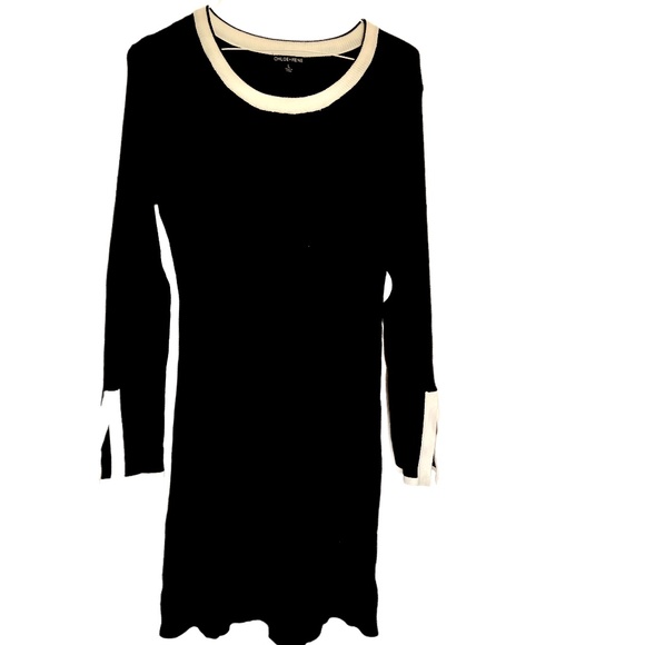 NWT Chloe + Rene  NWT Womens Knit Long Sleeve Black with White Trim Dress Sz L M - Picture 1 of 3